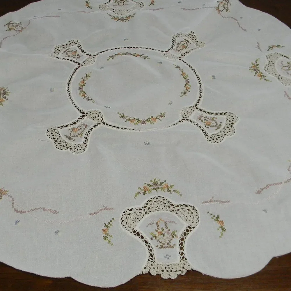 Vintage Handmade Cross Stitch Crochet Doily Tablecloth Floral Basket White Round